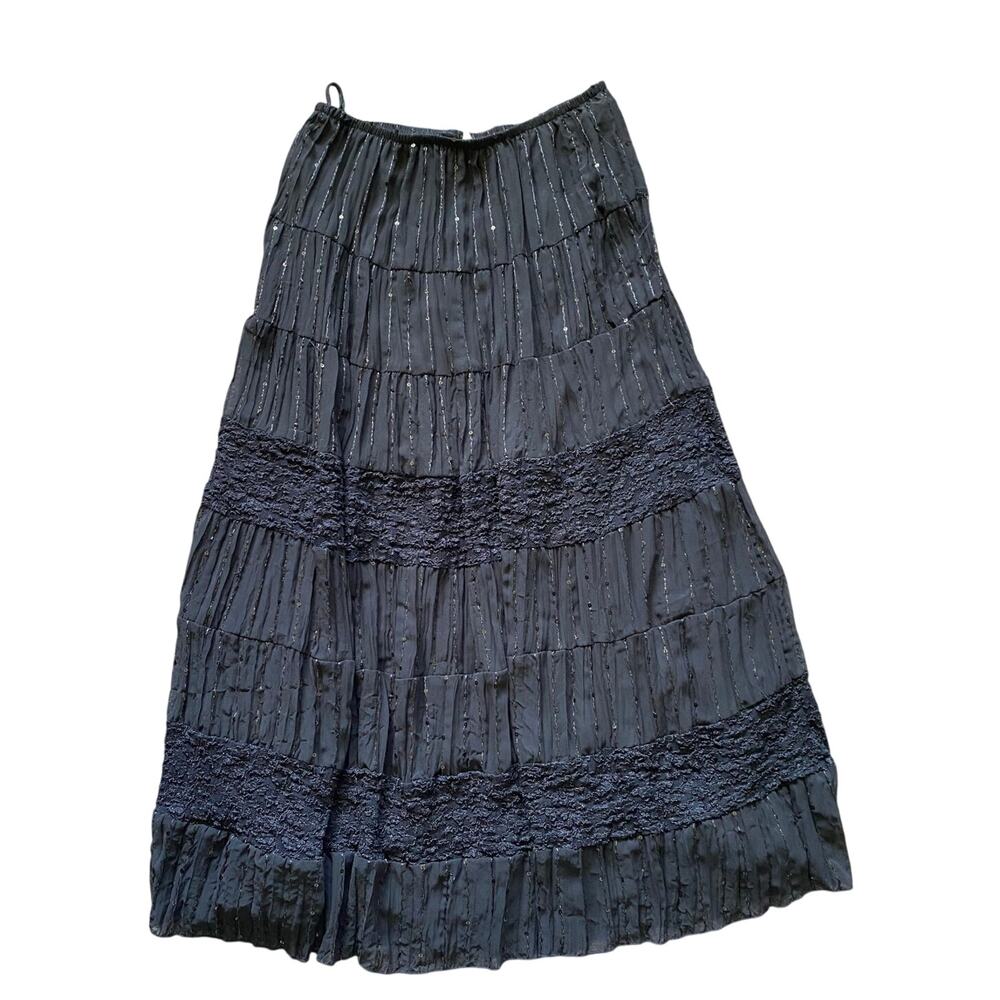 J. S. Edward Black Lace Witchy Boho Sequin Chiffon Long Flowy Pull On Skirt
